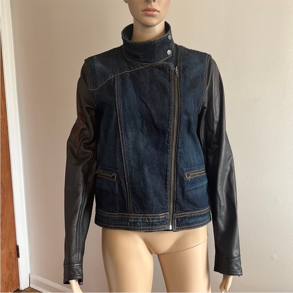 Rag & Bone Leather Sleeve Moto Denim Jean Jacket size S - Picture 3 of 14